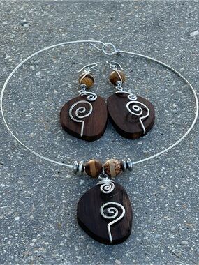 Wood and Silver Spiral Pendant Necklace with Matching Earrings - Brown